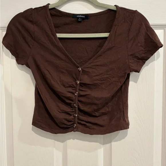 Ambiance Brown Button-Front Crop Top - Picture 2 of 4